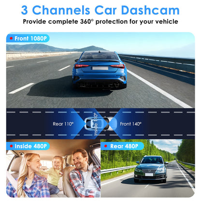 WiFi 1080P 3-Channel Dash Cam – Front Rear & Inside Car Camera with Night Vision, Motion Detection + 32GB Card