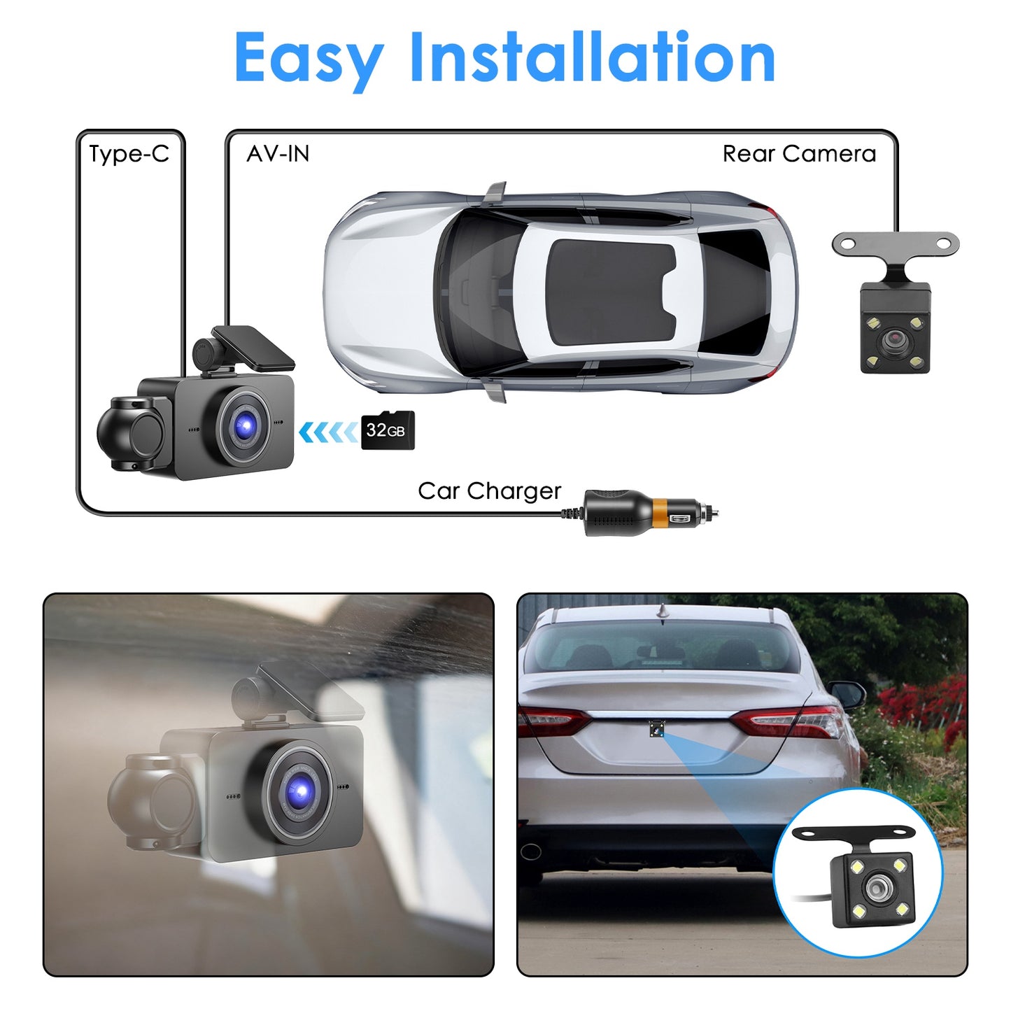 WiFi 1080P 3-Channel Dash Cam – Front Rear & Inside Car Camera with Night Vision, Motion Detection + 32GB Card