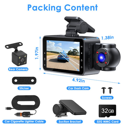 WiFi 1080P 3-Channel Dash Cam – Front Rear & Inside Car Camera with Night Vision, Motion Detection + 32GB Card