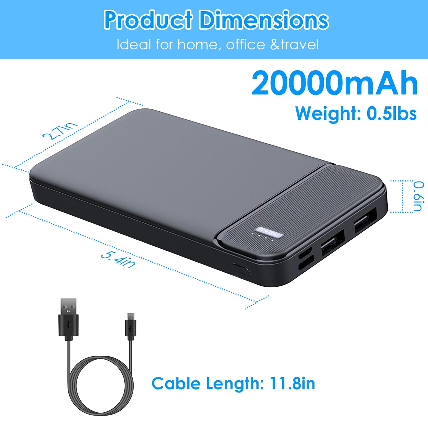 High-Capacity Power Bank 20000mAh with Fast Charging & USB Cable