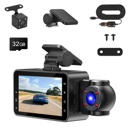 WiFi 1080P 3-Channel Dash Cam – Front Rear & Inside Car Camera with Night Vision, Motion Detection + 32GB Card