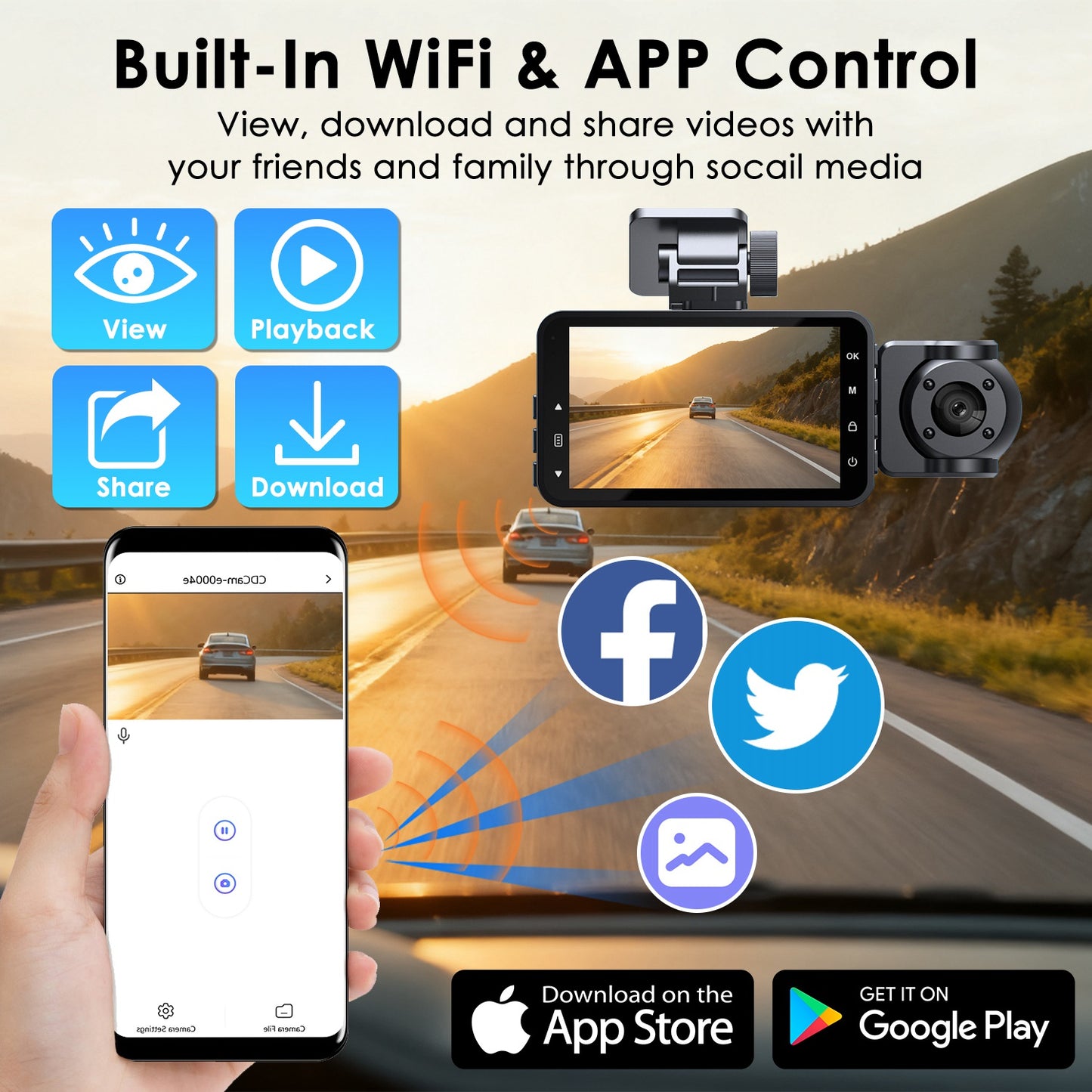 WiFi 1080P 3-Channel Dash Cam – Front Rear & Inside Car Camera with Night Vision, Motion Detection + 32GB Card